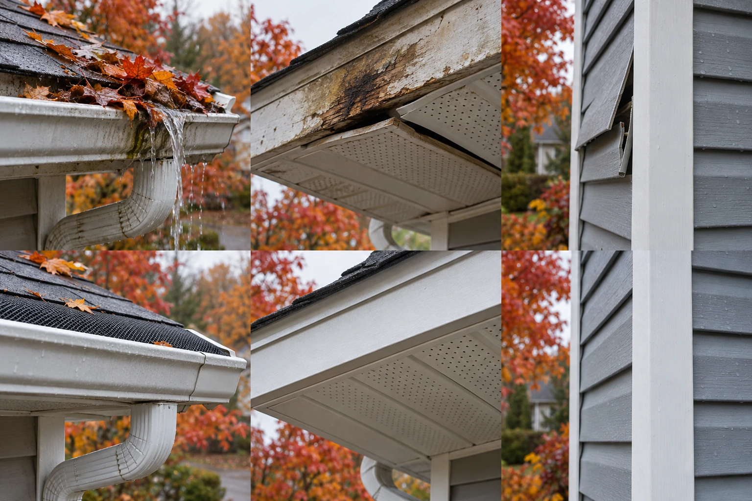 AI-generated fall issue illustration: leaf-clogged, overflowing eavestrough.
